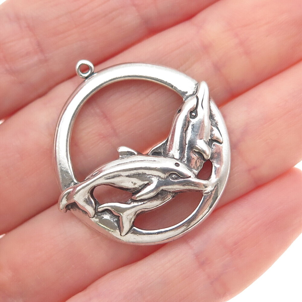 Shube 925 Sterling Silver Vintage Dolphin Couple Oxidized Charm Pendant